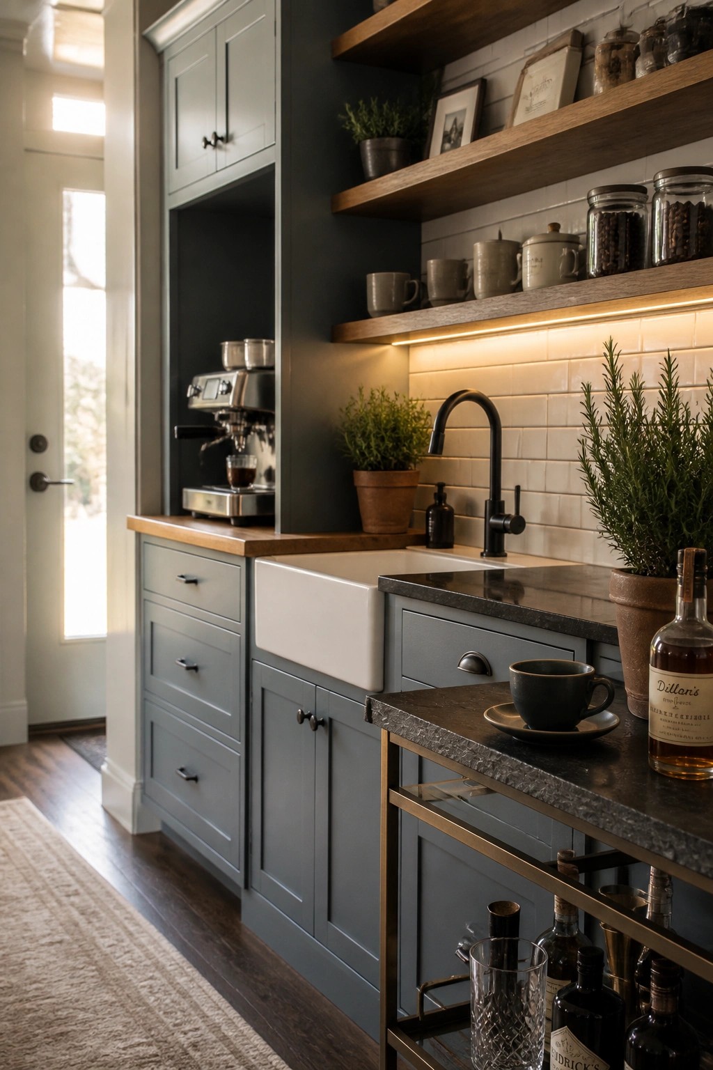 A kitchen interior with blue-gray lower cabinets, a white farmhouse sink, black faucet, wooden floating shelves, and a built-in coffee station.