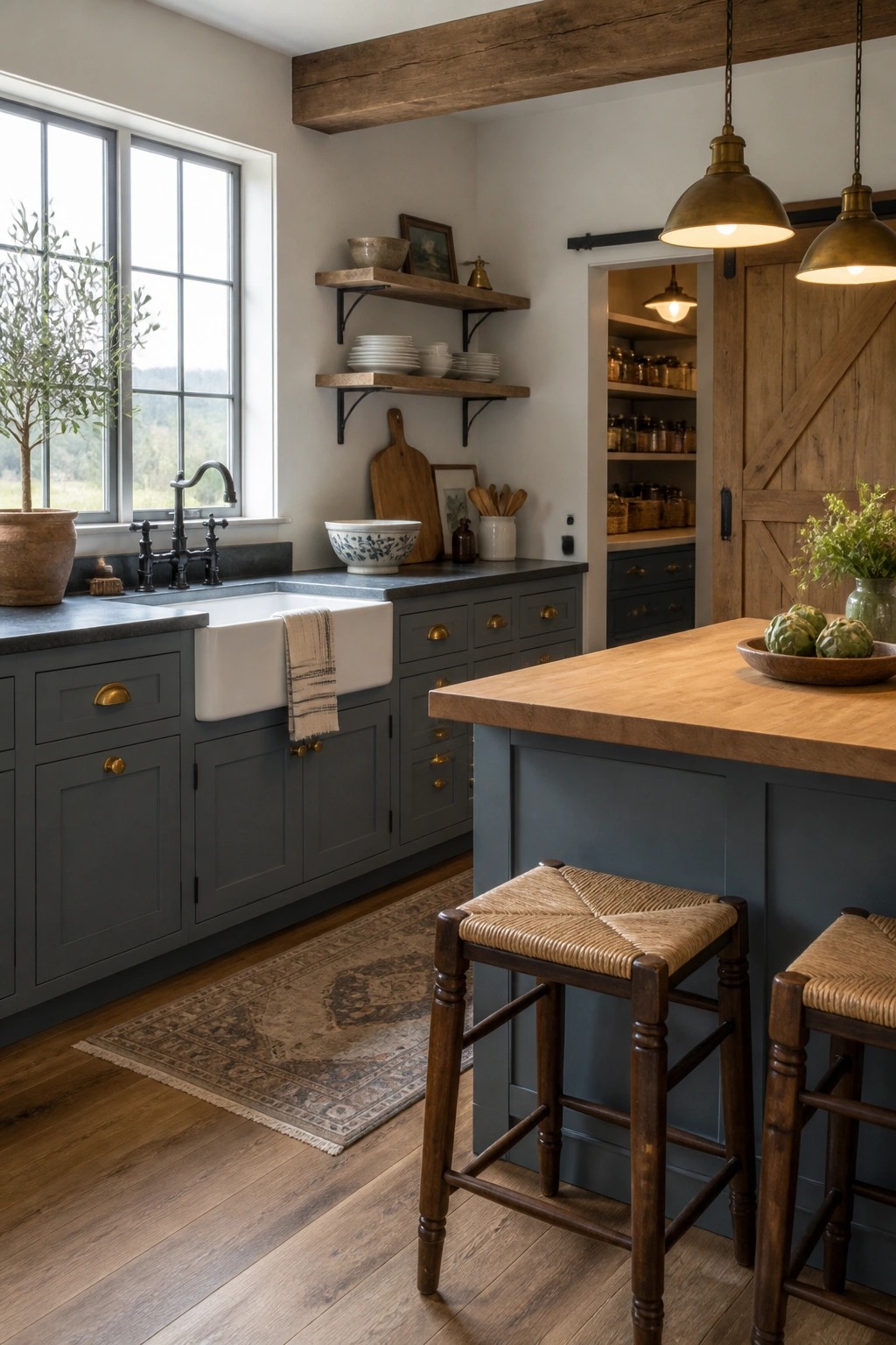 Rustic kitchen with gray cabinets, white farmhouse sink, wooden island, and bar stools.