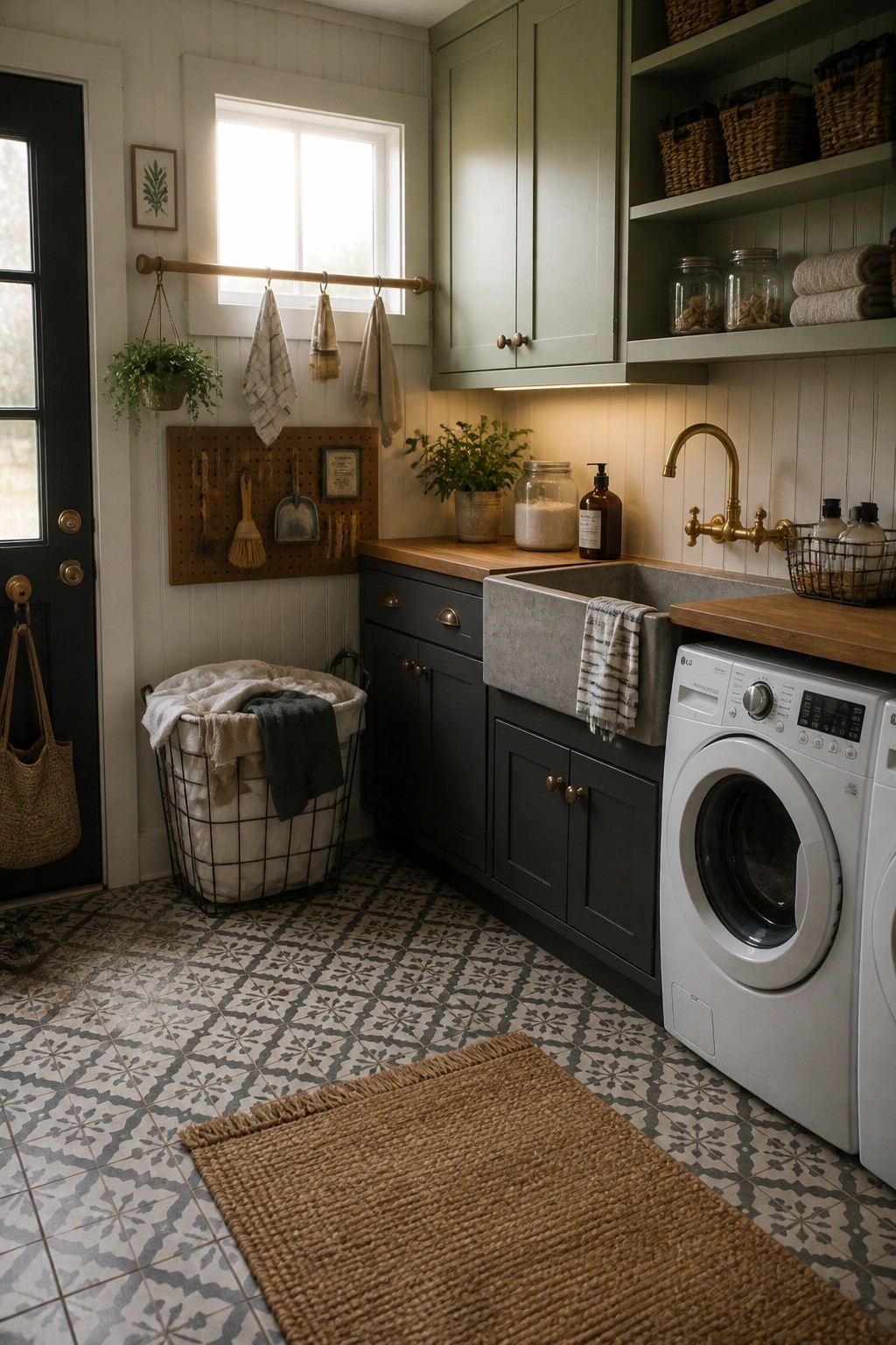 A laundry room interior with sage green upper cabinets, dark gray lower cabinets, a concrete sink, white washing machine, patterned tile floor, and a pegboard on the wall.