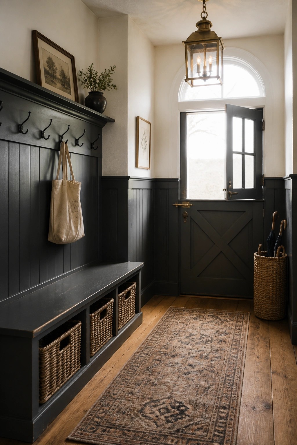 An interior view of a dark gray painted entryway with a built-in bench, storage baskets, wall hooks, and an open door to the outside.