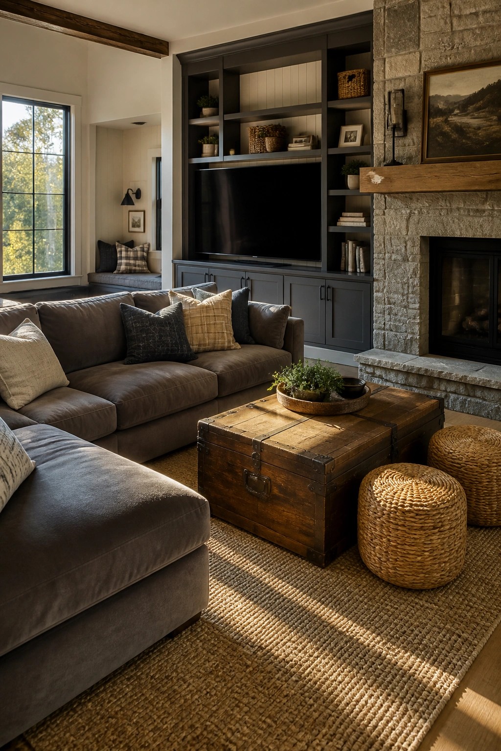 A living room featuring a large sectional sofa, a wooden trunk coffee table, woven ottomans, and dark built-in cabinetry and shelving surrounding a television beside a stone fireplace.