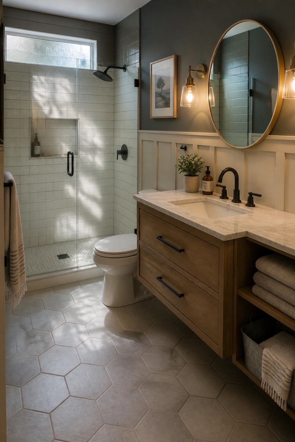 A bathroom interior showing dark gray paint on the upper walls above white wainscoting, a floating wood vanity with marble countertop, and a glass-enclosed shower.