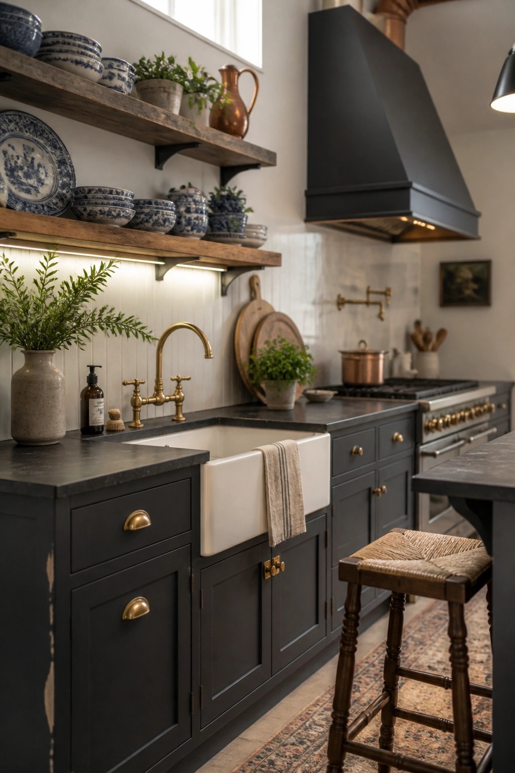 A kitchen interior with dark gray painted cabinets, a white farmhouse sink, brass faucet and hardware, black range hood, and wooden open shelves displaying blue and white dishes.