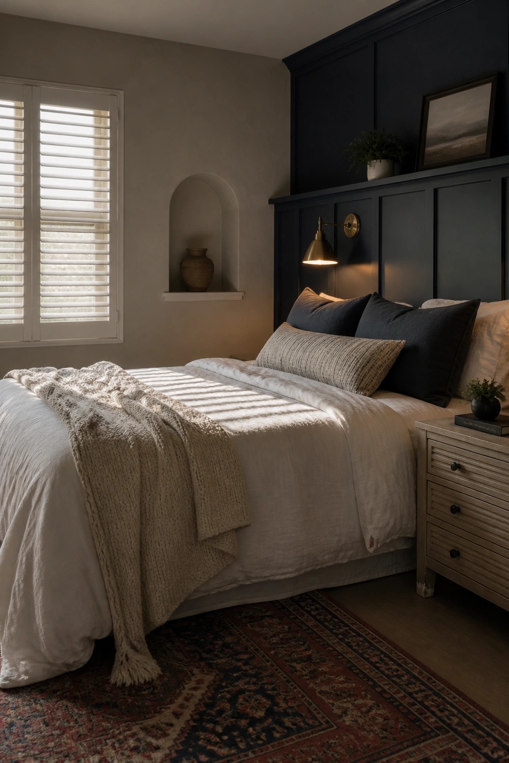 A bedroom featuring a dark navy paneled accent wall behind a bed dressed in white linens, with a patterned rug on the floor.