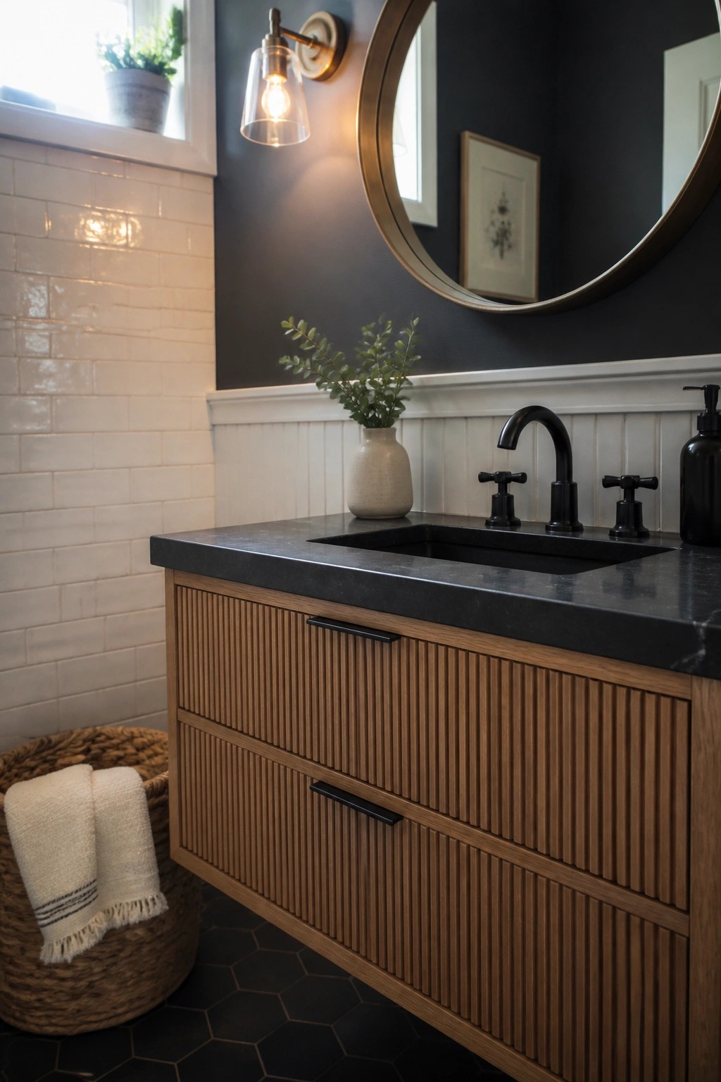 Modern bathroom vanity with fluted wood drawers, black countertop, and round mirror.