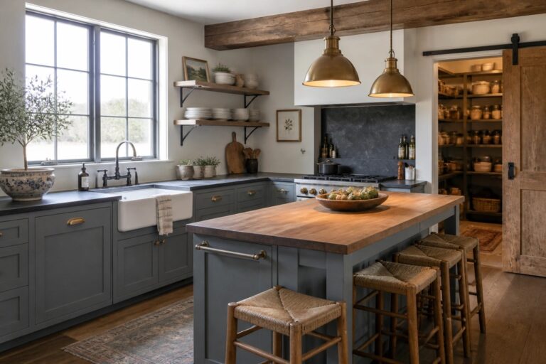 19 Modern Rustic Farmhouse Paint Colors That Blend Old and New Rustic kitchen with gray cabinets, white farmhouse sink, wooden island, and bar stools.
