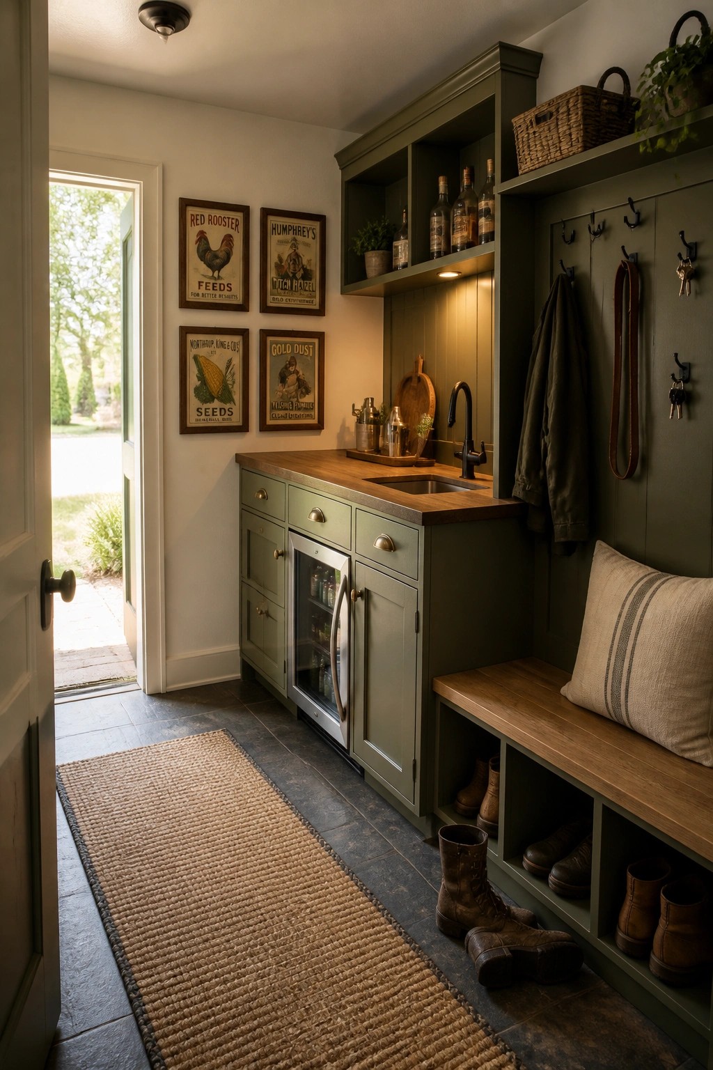 A narrow interior mudroom with sage green painted cabinets, a wooden countertop and bench, a sink, open shelving with bottles, a jute rug on dark tile, and an open door leading outside.