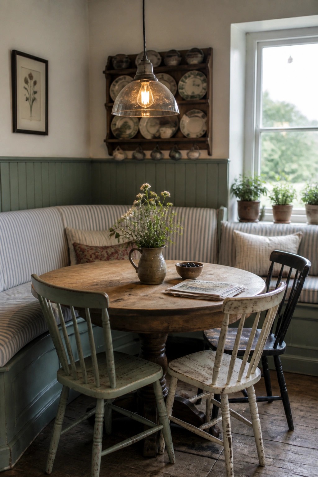 A round wooden table with several distressed chairs is set against green wainscoting in a room with a built-in bench and open shelving above.