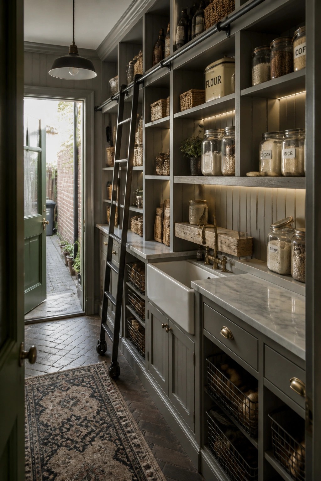 A narrow interior pantry with gray painted built-in shelves and cabinets, a white farmhouse sink, marble counters, and a rolling ladder.