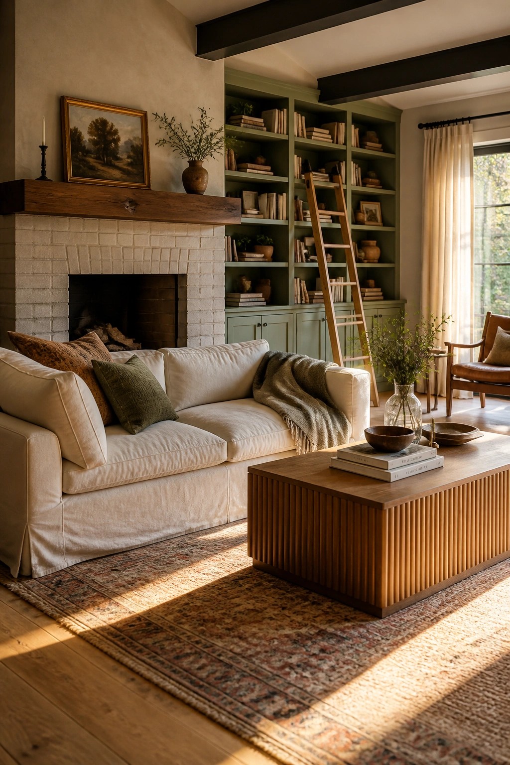 Cozy living room with white sofa, wooden coffee table, fireplace, and green bookshelves in sunlight.