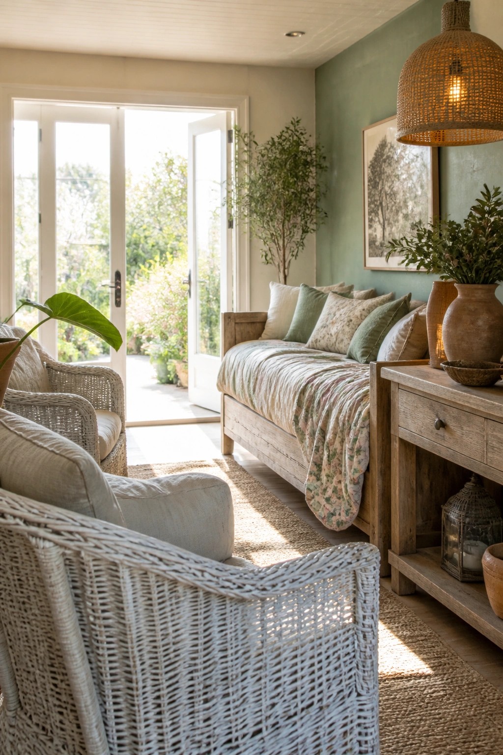 A bright living room with sage green walls, a wooden daybed, white wicker chairs, and a large woven pendant light.