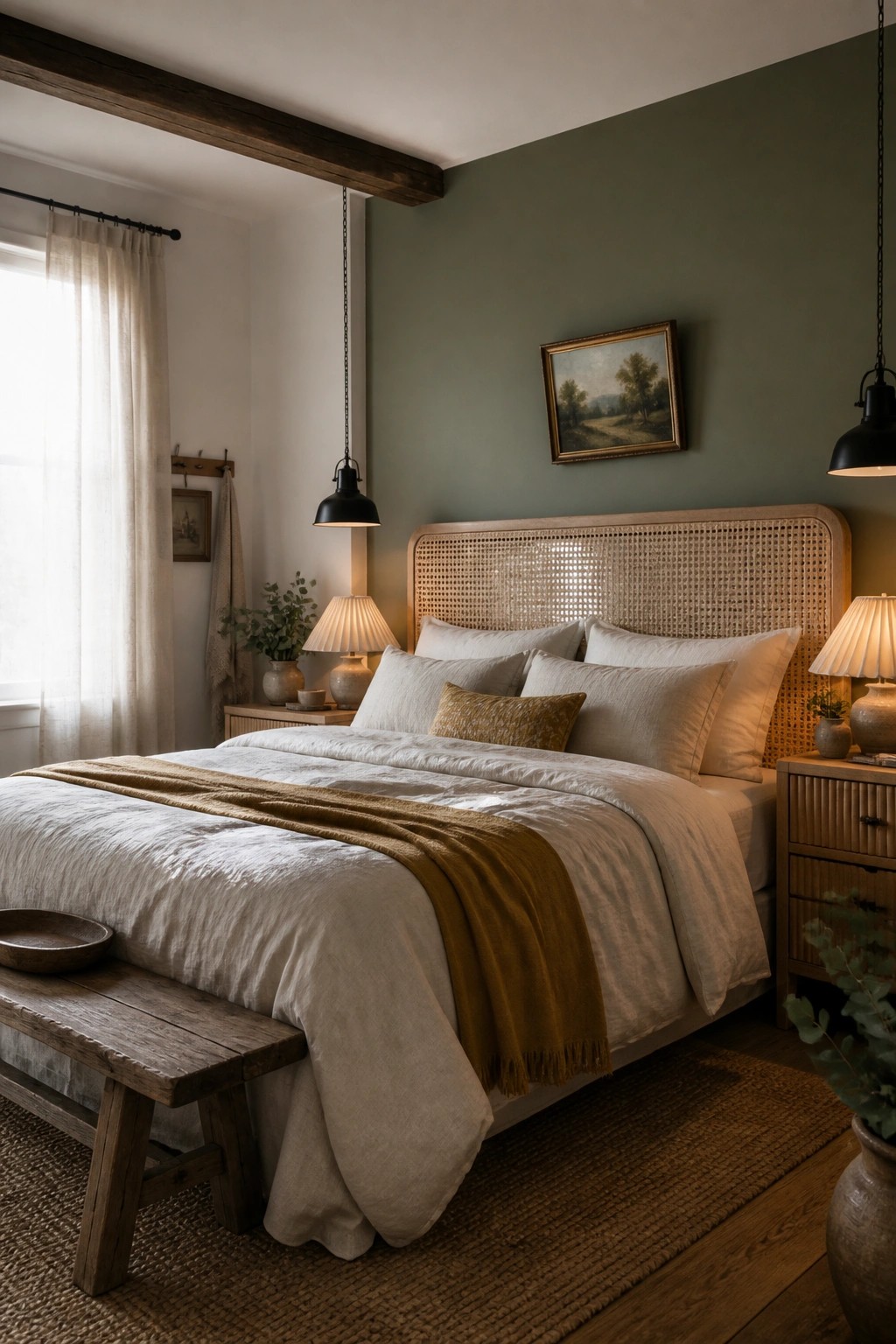 A bedroom featuring a sage green accent wall behind a bed with a woven cane headboard, layered white and beige bedding, wooden nightstands, and black pendant lights.
