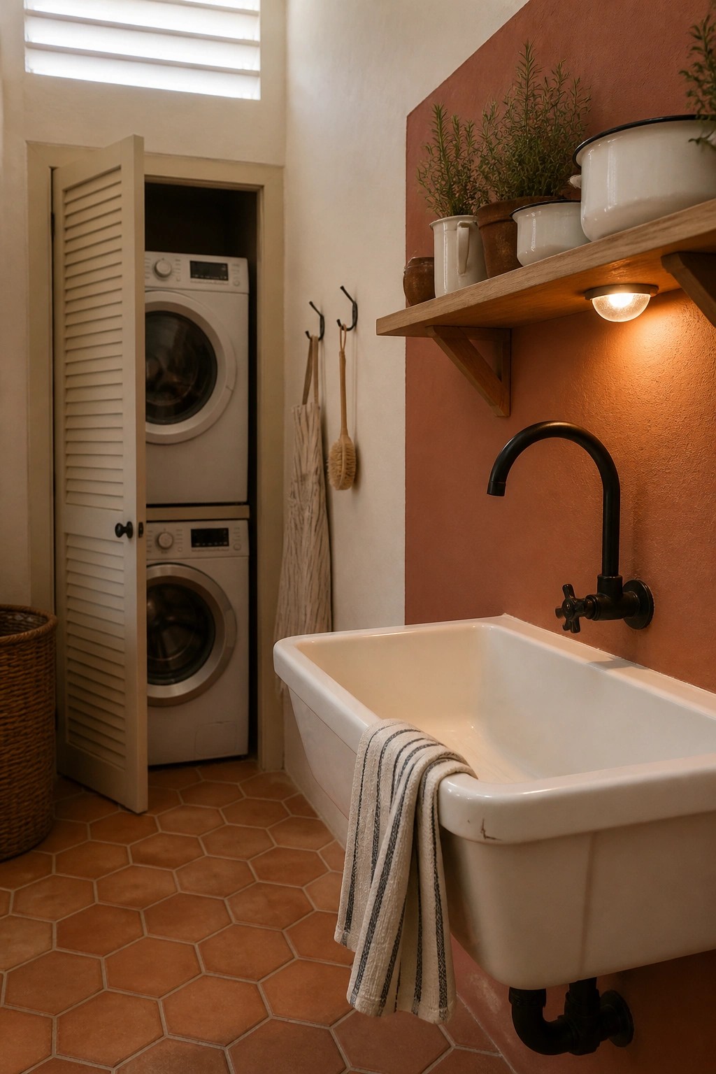 A laundry room featuring a white wall-mounted sink on a terracotta accent wall, a wooden shelf with enamelware and plants above the sink, and two stacked washing machines visible through open louvered doors.