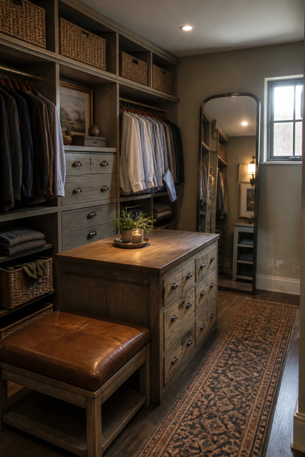 A walk-in closet with gray wood built-in shelves and drawers, a central wooden island topped with a plant, a brown leather bench, and a full-length mirror on the right wall.
