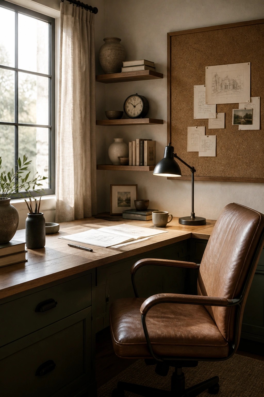 A home office corner with a wooden desk, brown leather office chair, floating shelves holding books and pottery, a corkboard with sketches and papers pinned to it, and a window with a linen curtain.
