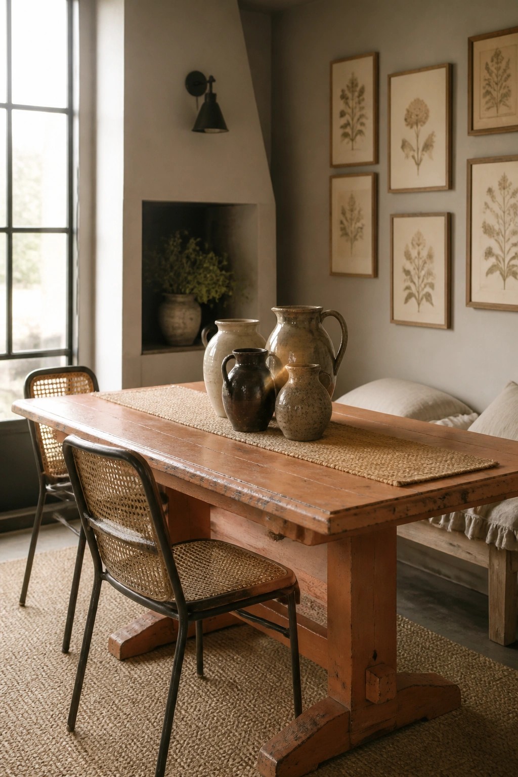 A rustic wooden dining table with pottery and woven chairs in a room with a neutral painted wall and framed botanical prints.