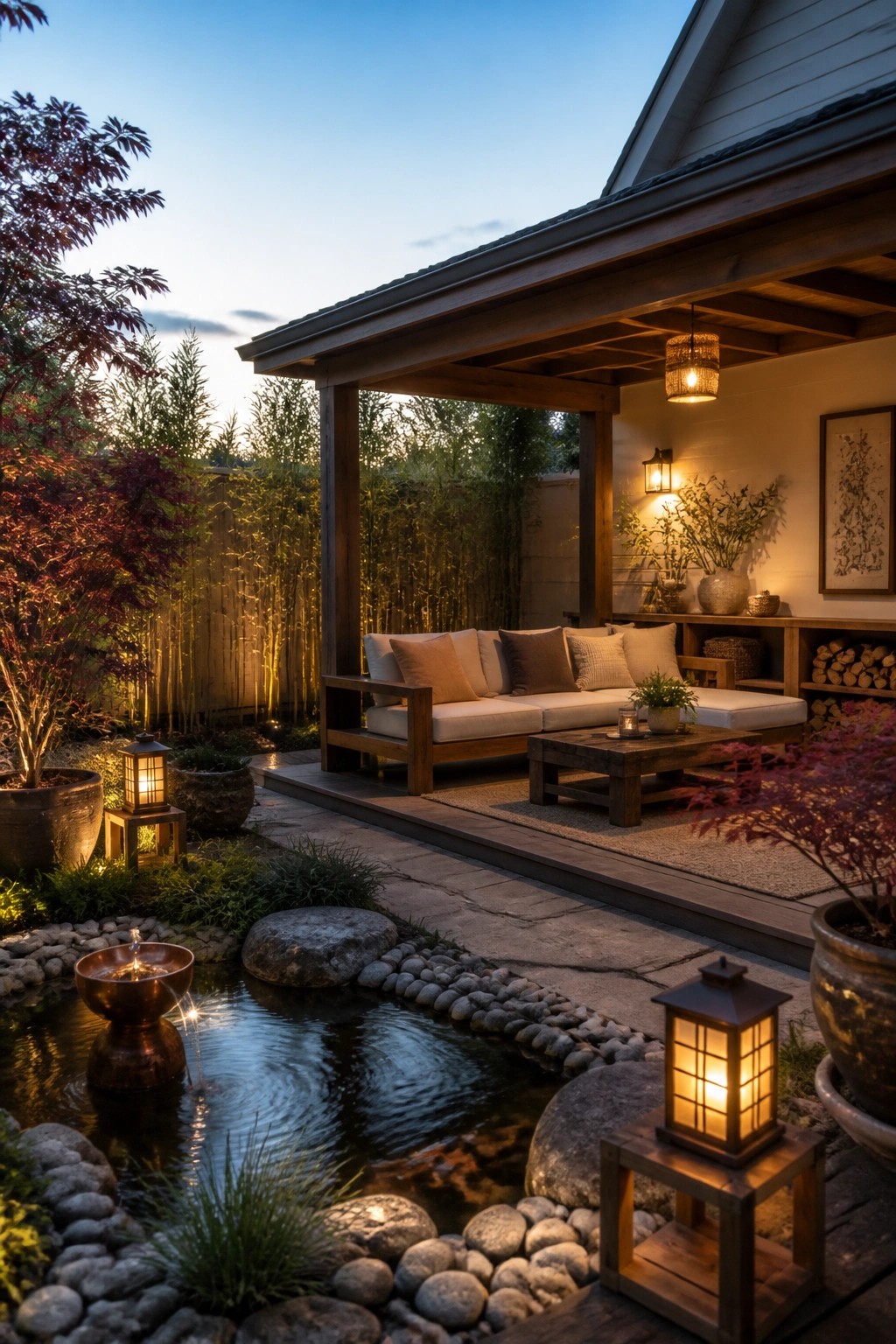 A wooden covered porch with cushioned seating and a coffee table next to a small garden pond with lanterns and surrounding plants at dusk.