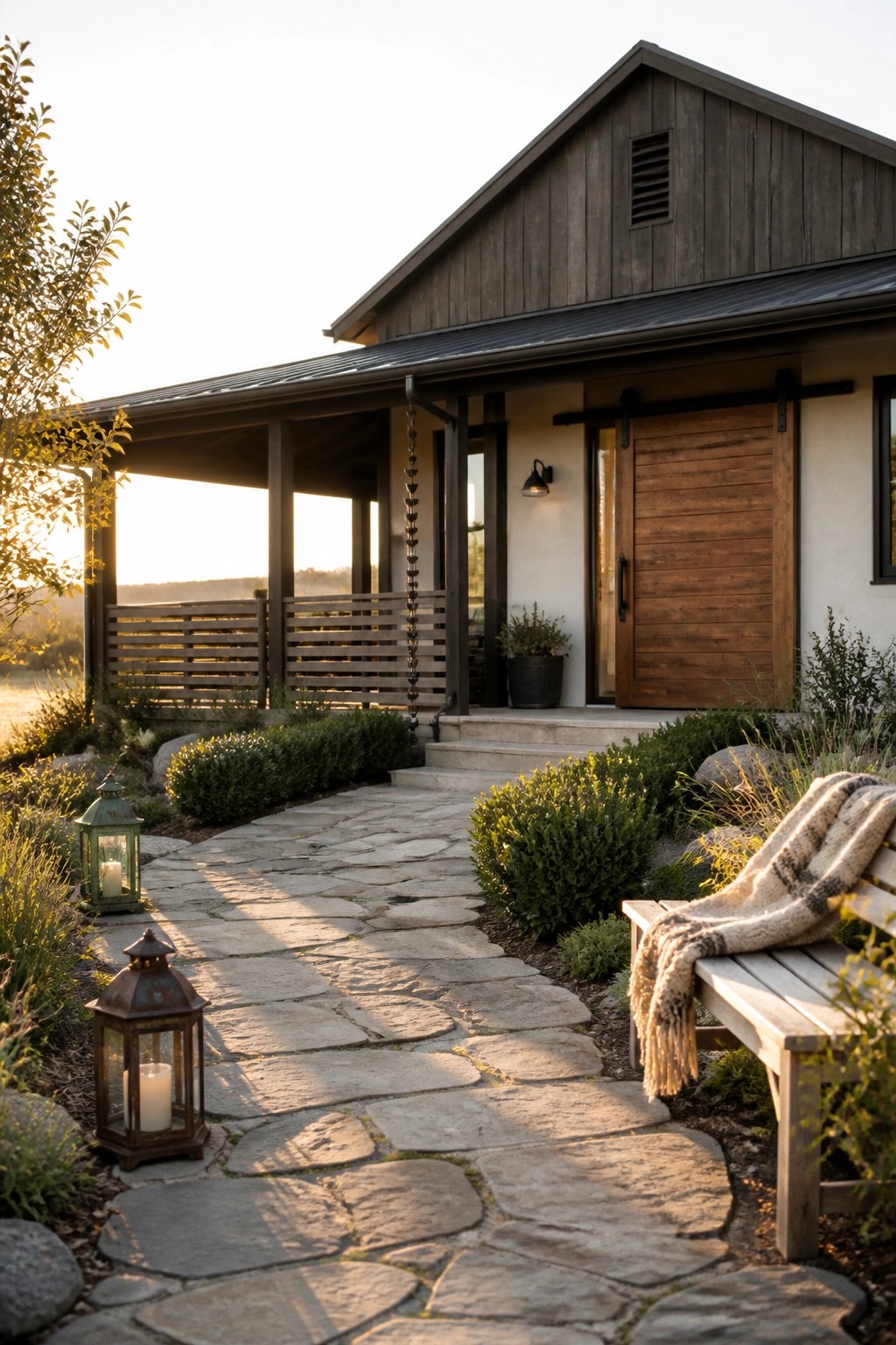 A farmhouse exterior featuring dark wood siding, a large wooden sliding barn door, white walls, and a stone pathway with lanterns leading to the porch.