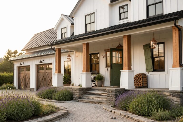 White farmhouse exterior with wooden porch posts on stone bases, green front door, and lavender along the gravel path.