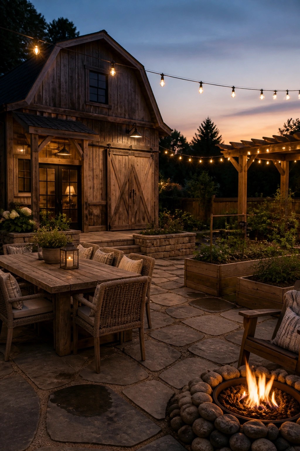 A rustic wooden barn with a large stone patio, wooden dining table, woven chairs, raised garden beds, and a stone-ringed fire pit lit at dusk with string lights overhead.