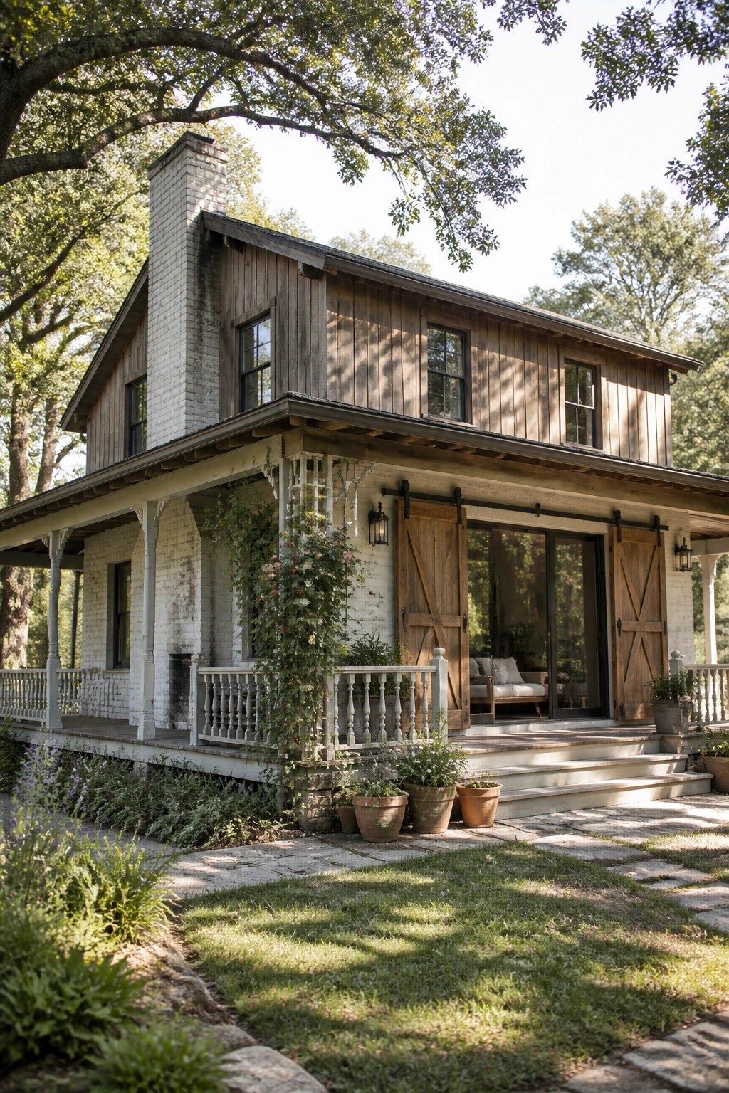 A two-story white brick farmhouse with weathered wood siding, a brick chimney, and large wooden sliding barn doors flanking glass doors on the front porch.