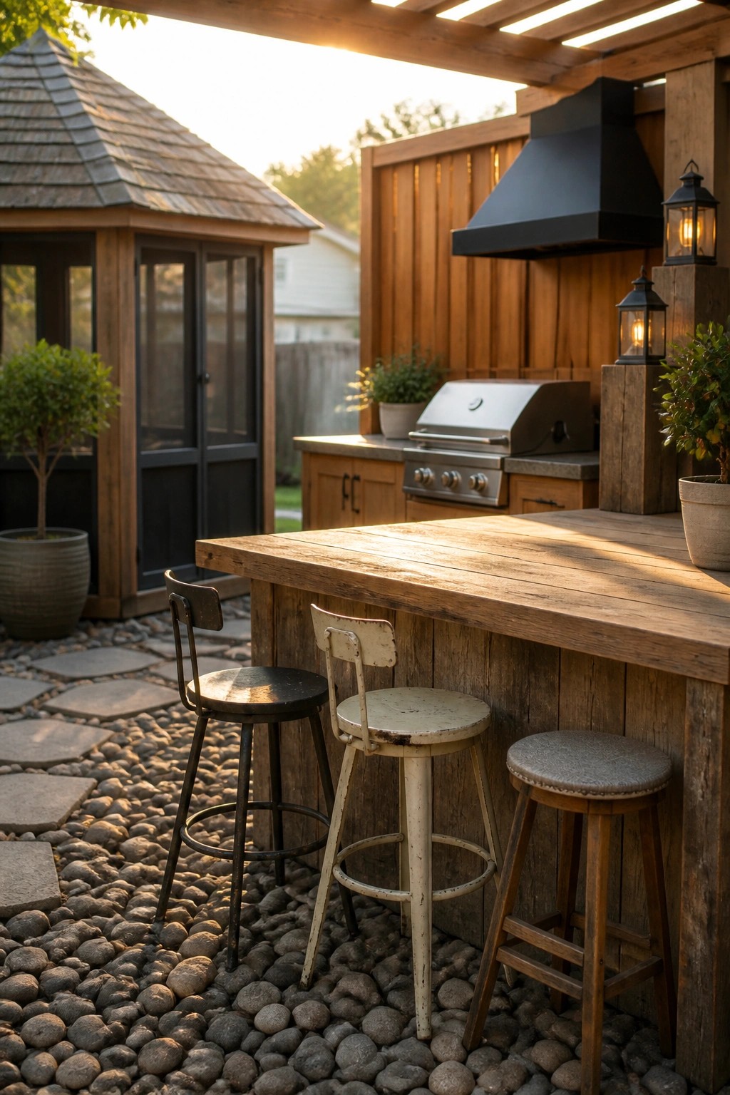 A rustic wooden outdoor bar counter with three stools is positioned next to a built-in grill under a wooden pergola on a pebble-covered patio.