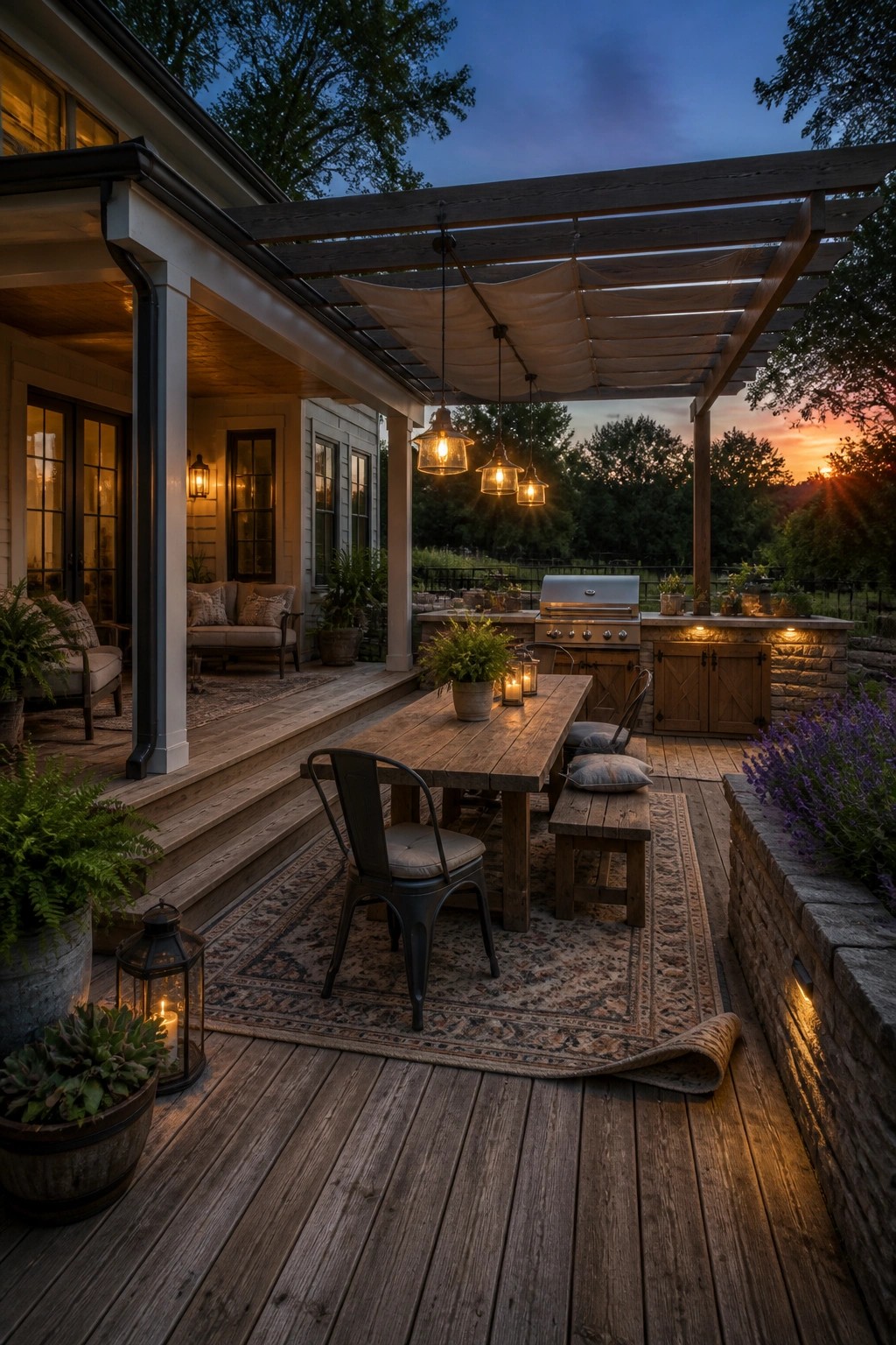 A wooden deck with a pergola, long dining table, metal chairs, rug, and built-in grill station at dusk.