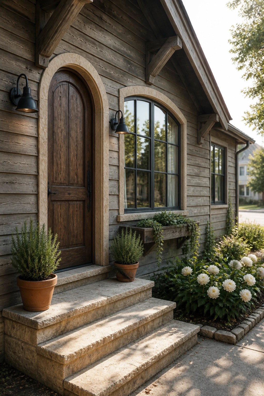 A weathered wood house exterior features a dark arched wooden door and a large arched window, both framed by light stone, with stone steps and potted plants at the entry.