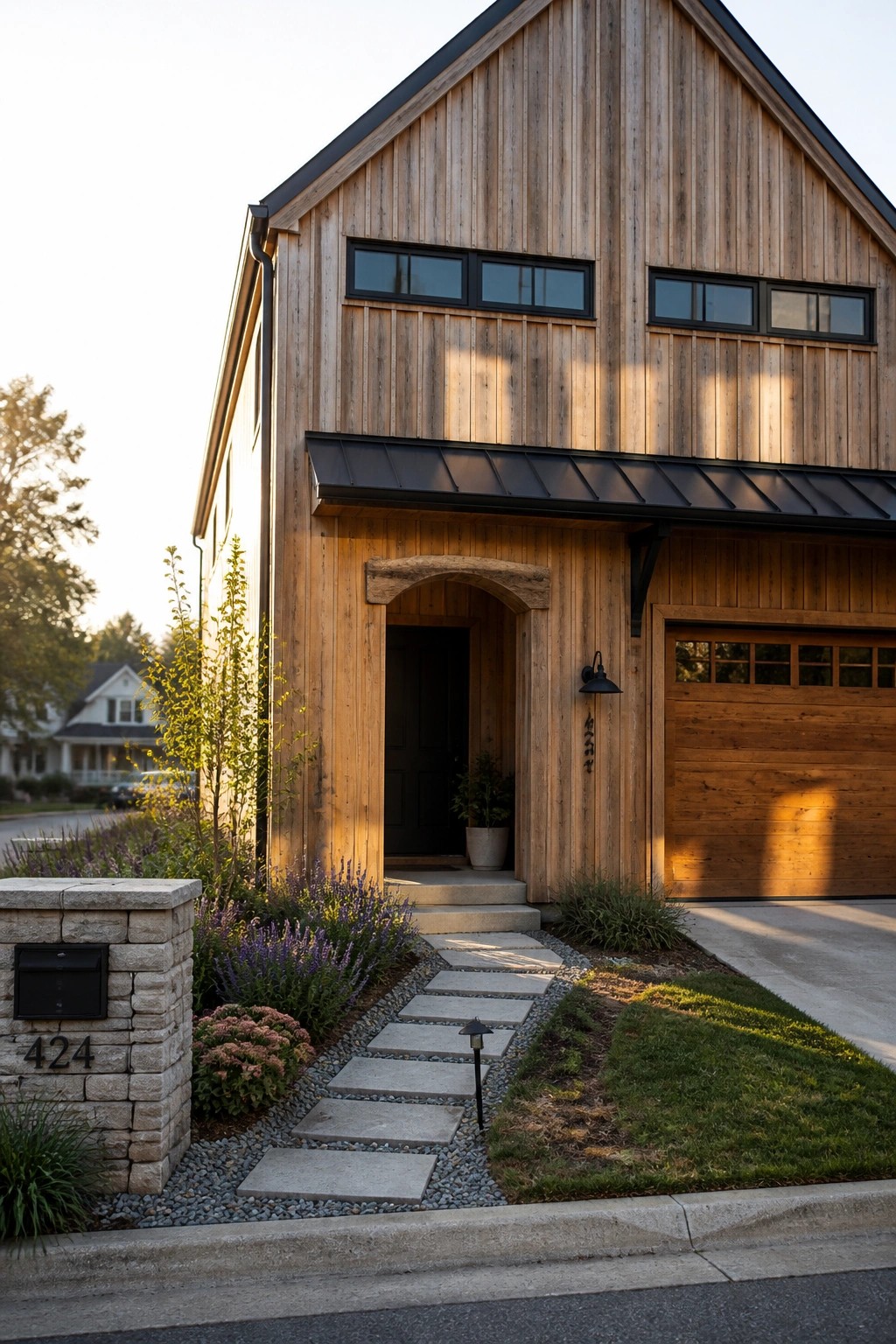 A front view of a two-story house clad in vertical wood siding, featuring an arched stone entry surround, black metal roof details, and a wood-paneled garage door.