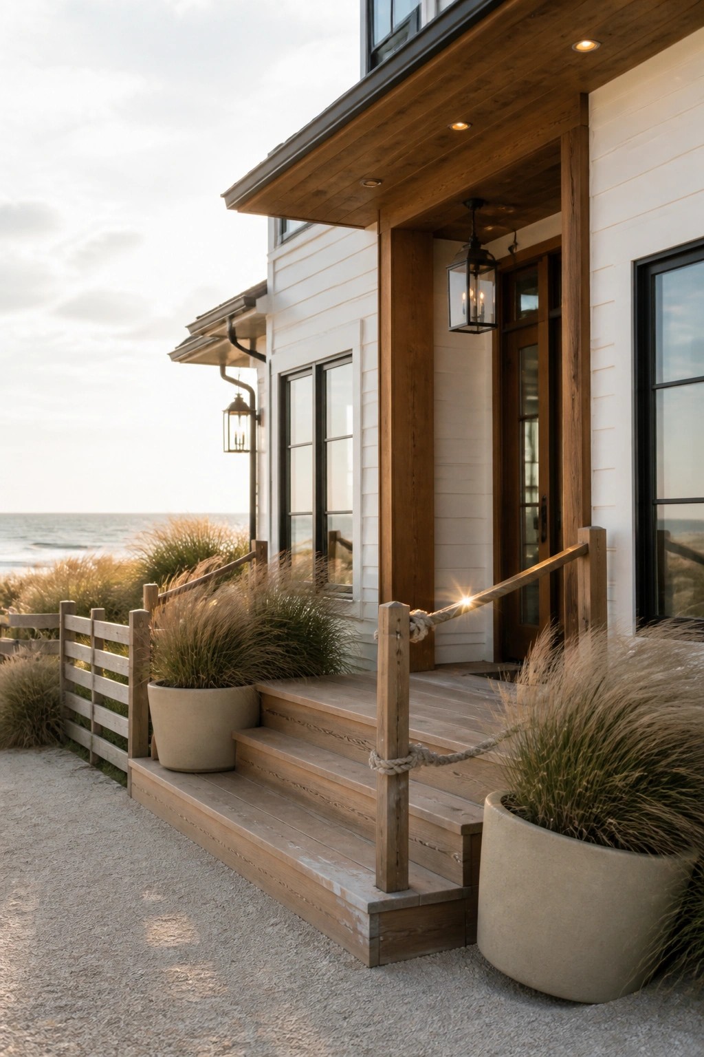 Wooden porch stairs with rope railings at white beach house overlooking ocean.