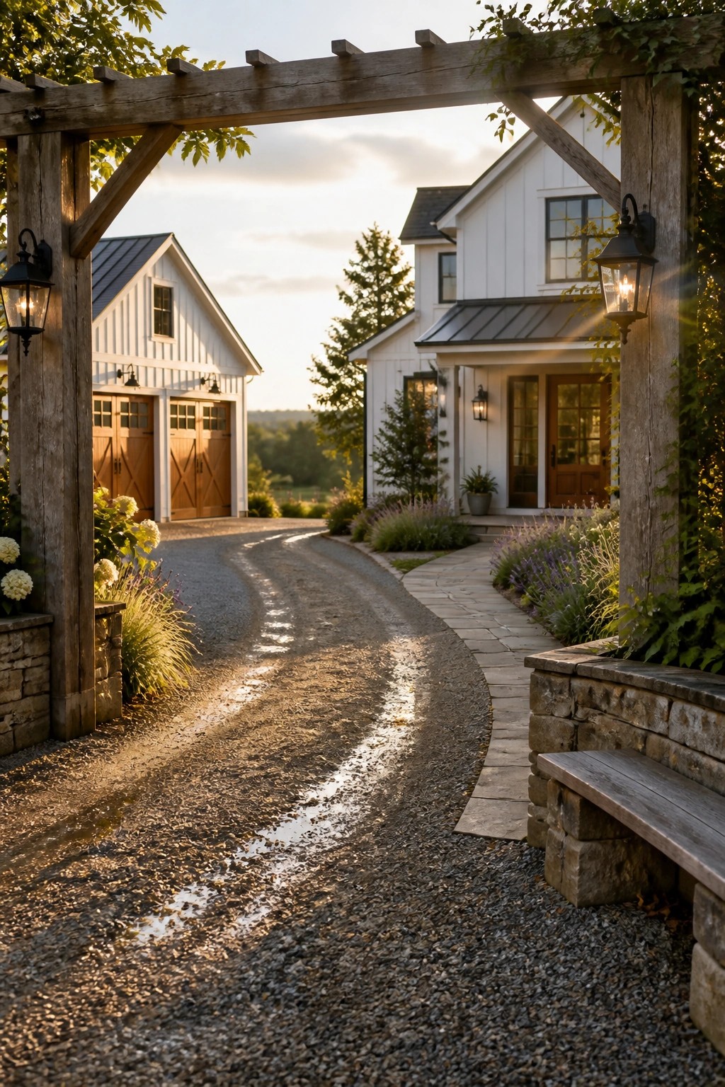 A white farmhouse exterior viewed through a large wooden pergola arch over a curved gravel driveway, with stone walls, flowering plants, and lit lanterns on the posts.