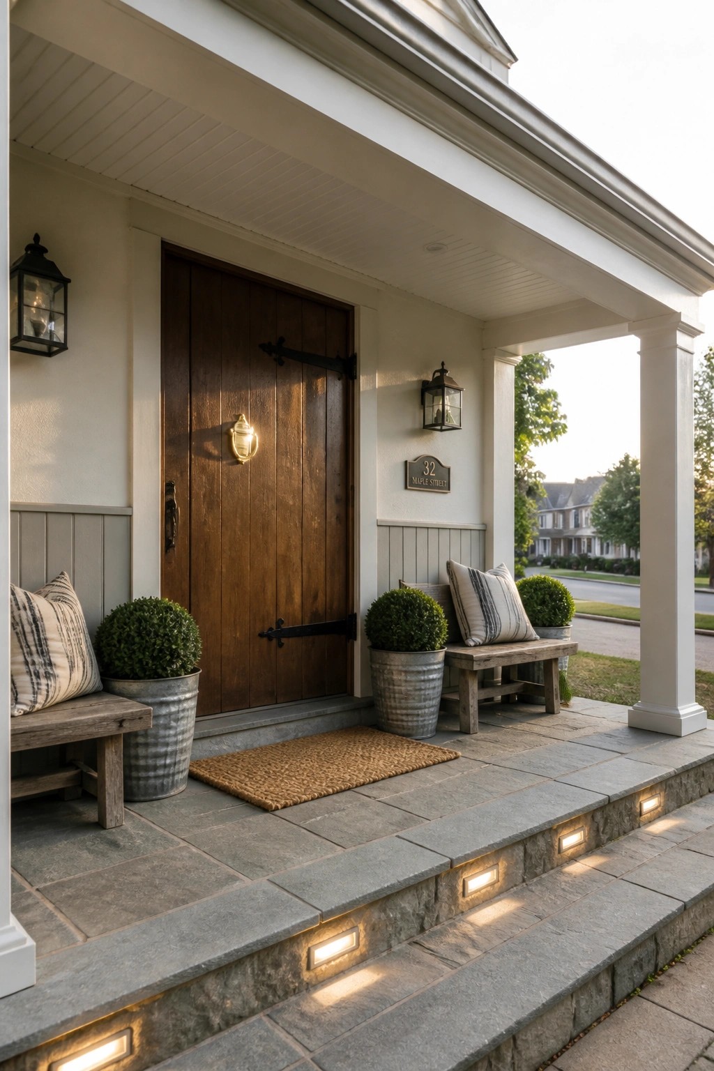 Inviting front porch with wooden door, potted plants, benches, and lit stone steps