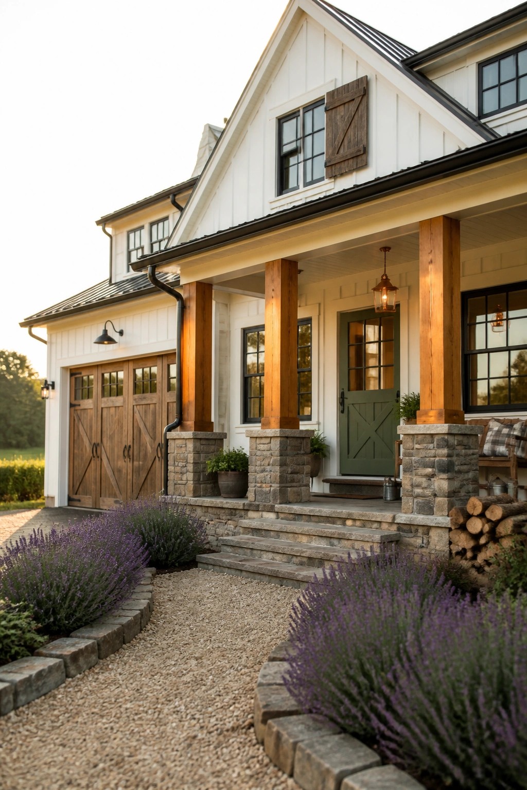 White farmhouse exterior with wooden porch posts on stone bases, green front door, and lavender along the gravel path.