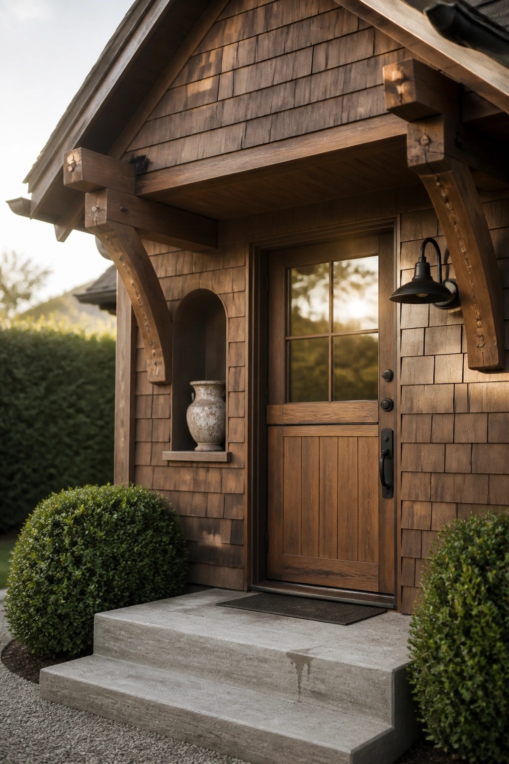 A wooden front door set into a shingled house exterior with concrete steps, a wall niche holding a vase, and green shrubs on either side.