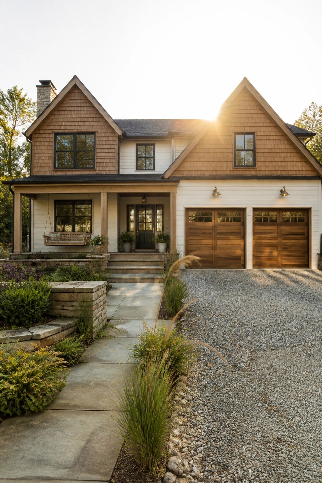 Front view of a two-story farmhouse with natural wood shingle siding on the gables, white siding on the main walls, wooden garage doors, and a covered front porch.