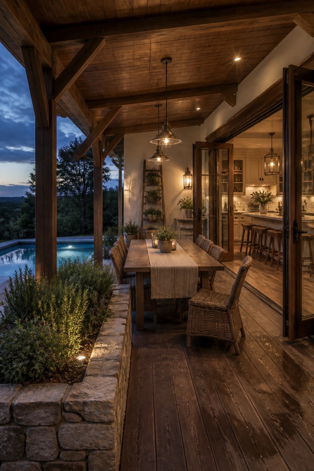 A wooden covered porch at dusk with a long dining table, woven chairs, hanging pendant lights, and open doors showing a kitchen and pool beyond.