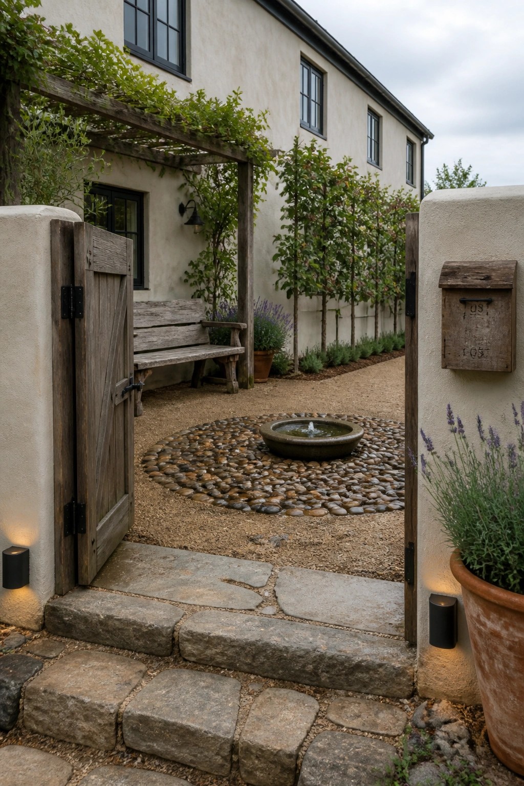 Open wooden gate with black hinges leading into a gravel courtyard featuring a circular pebble fountain, wooden bench under a pergola, and stucco house facade.