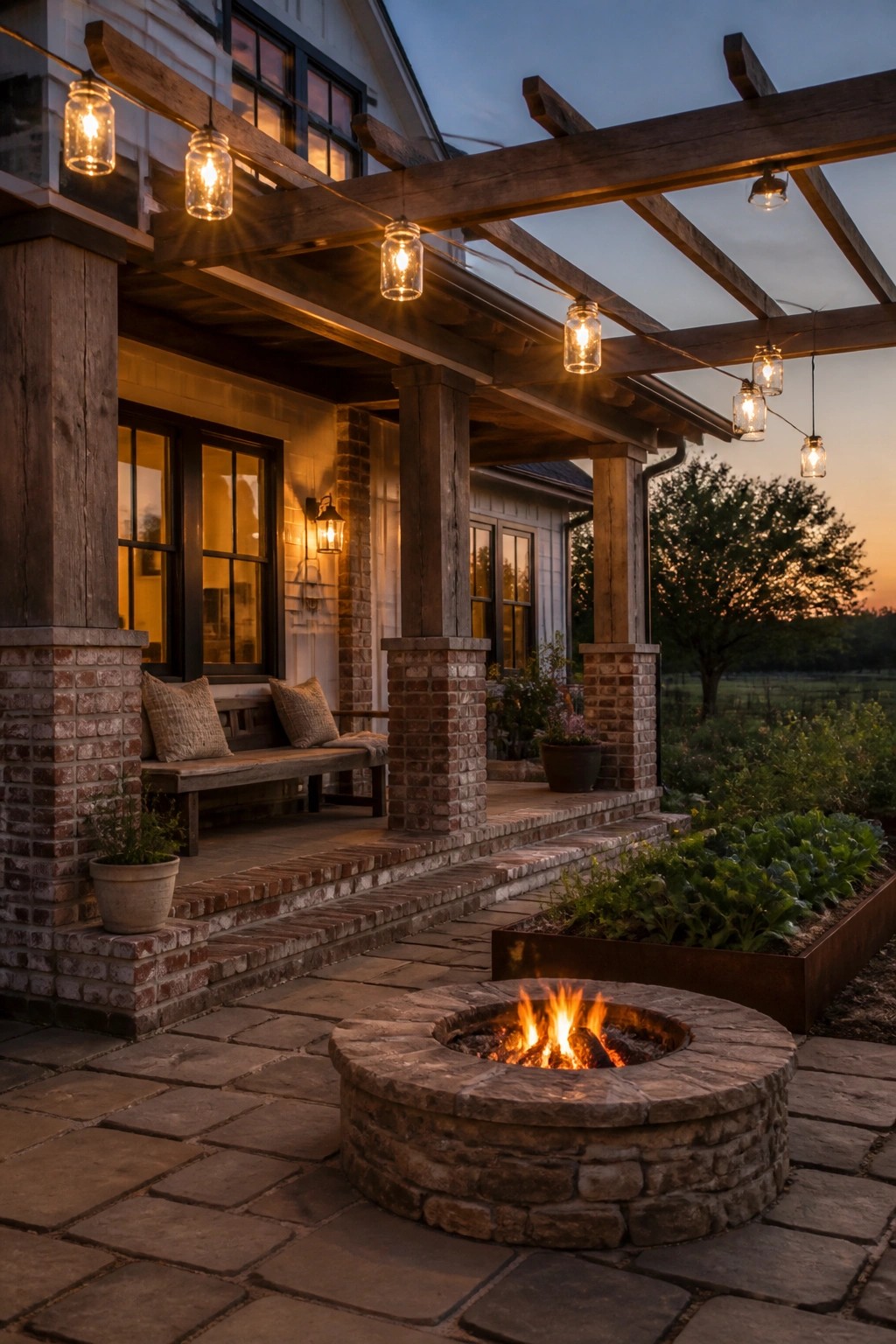 A round stone fire pit with burning wood sits on a flagstone patio in front of a farmhouse porch with brick pillars, wooden beams, and hanging jar lights.