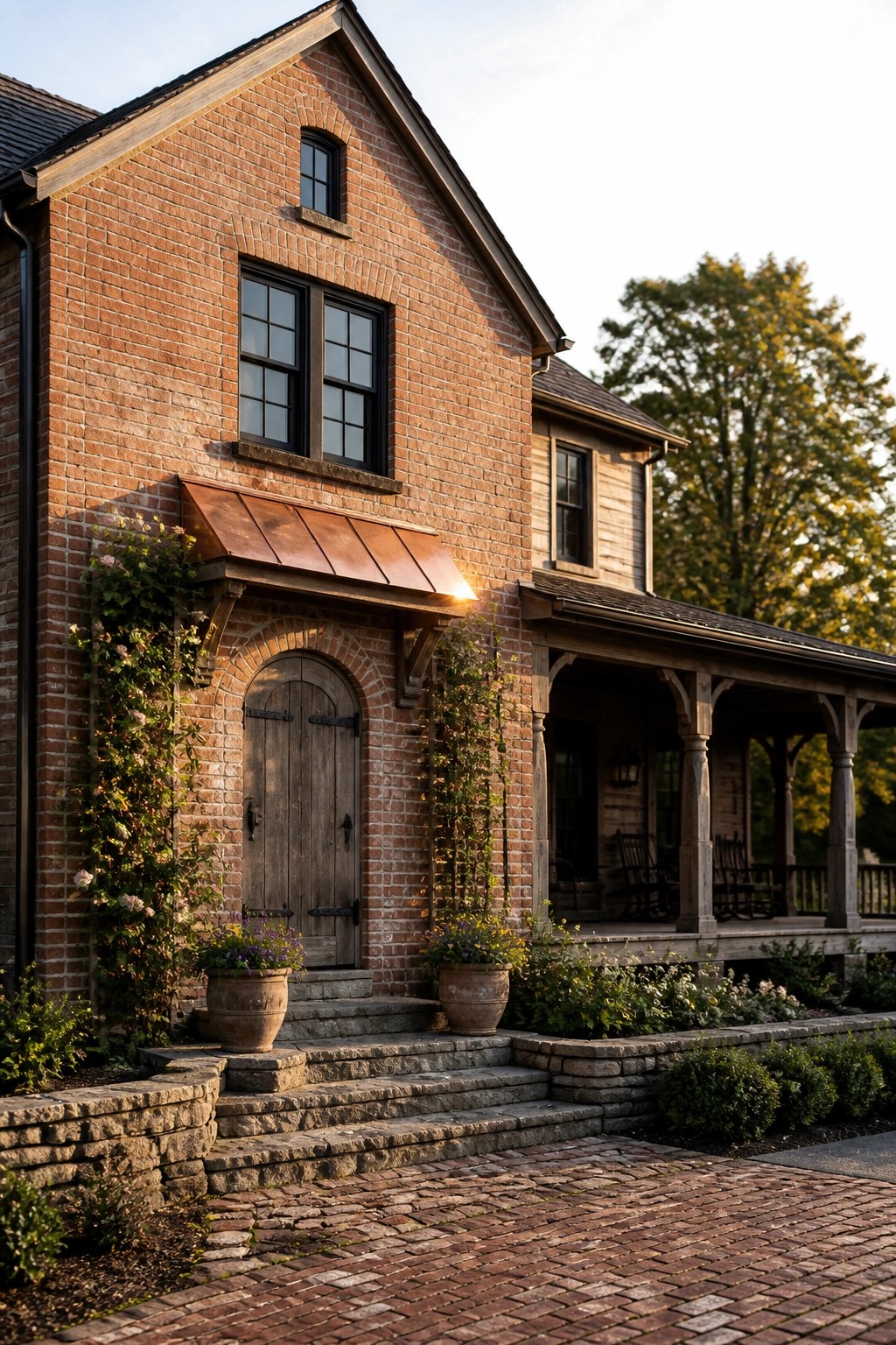 A red brick farmhouse exterior featuring an arched wooden front door beneath a copper awning, with stone steps leading up and a wooden porch visible to the right.