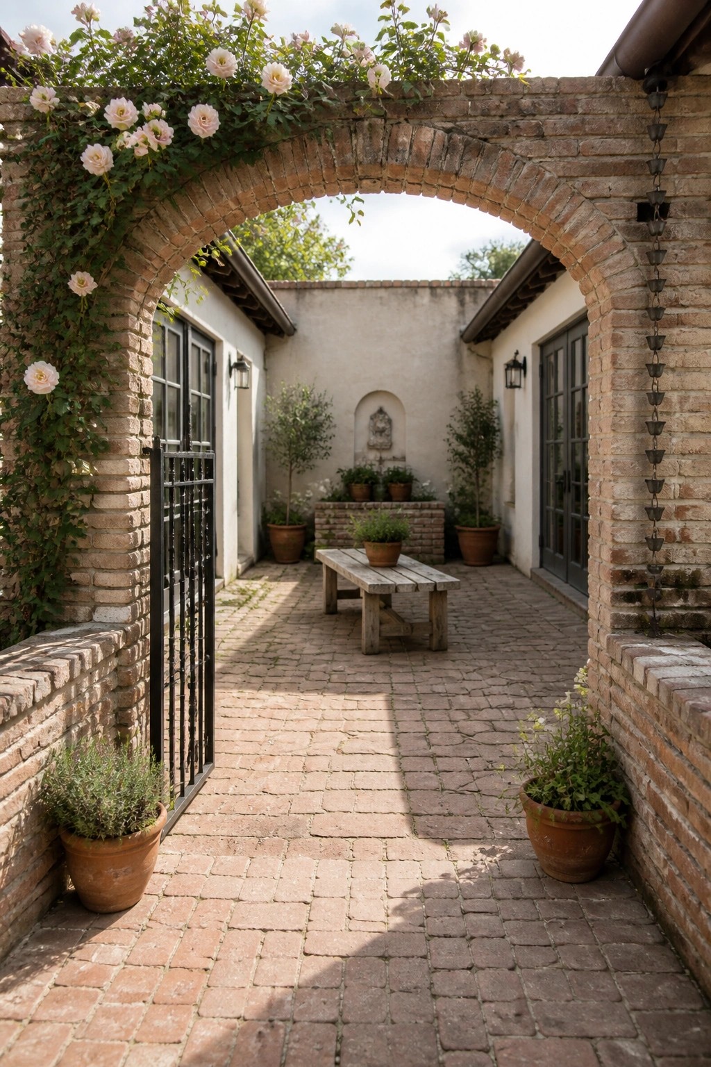 A reclaimed brick archway with climbing roses frames a brick-paved courtyard containing a wooden table, potted plants, and a wall fountain.