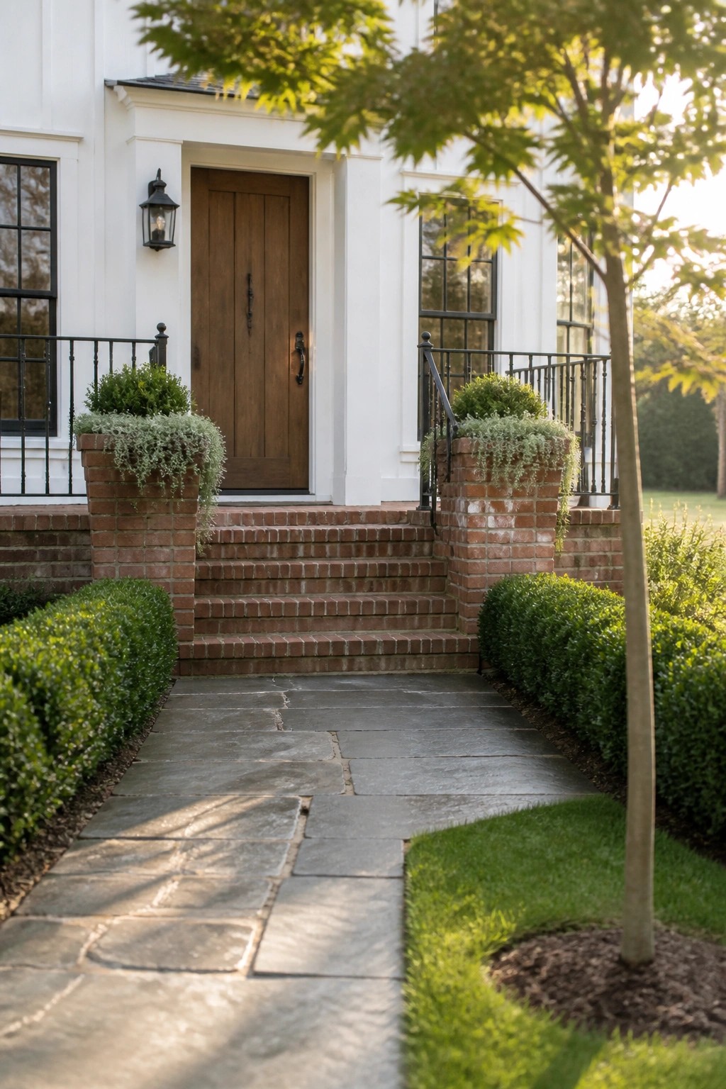 Front view of a white house with a wooden door, brick steps, brick planters holding shrubs, black railings, and a stone pathway leading to the entrance.