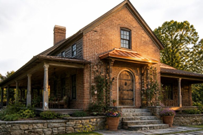 A red brick farmhouse exterior featuring an arched wooden front door beneath a copper awning, with stone steps leading up and a wooden porch visible to the right.