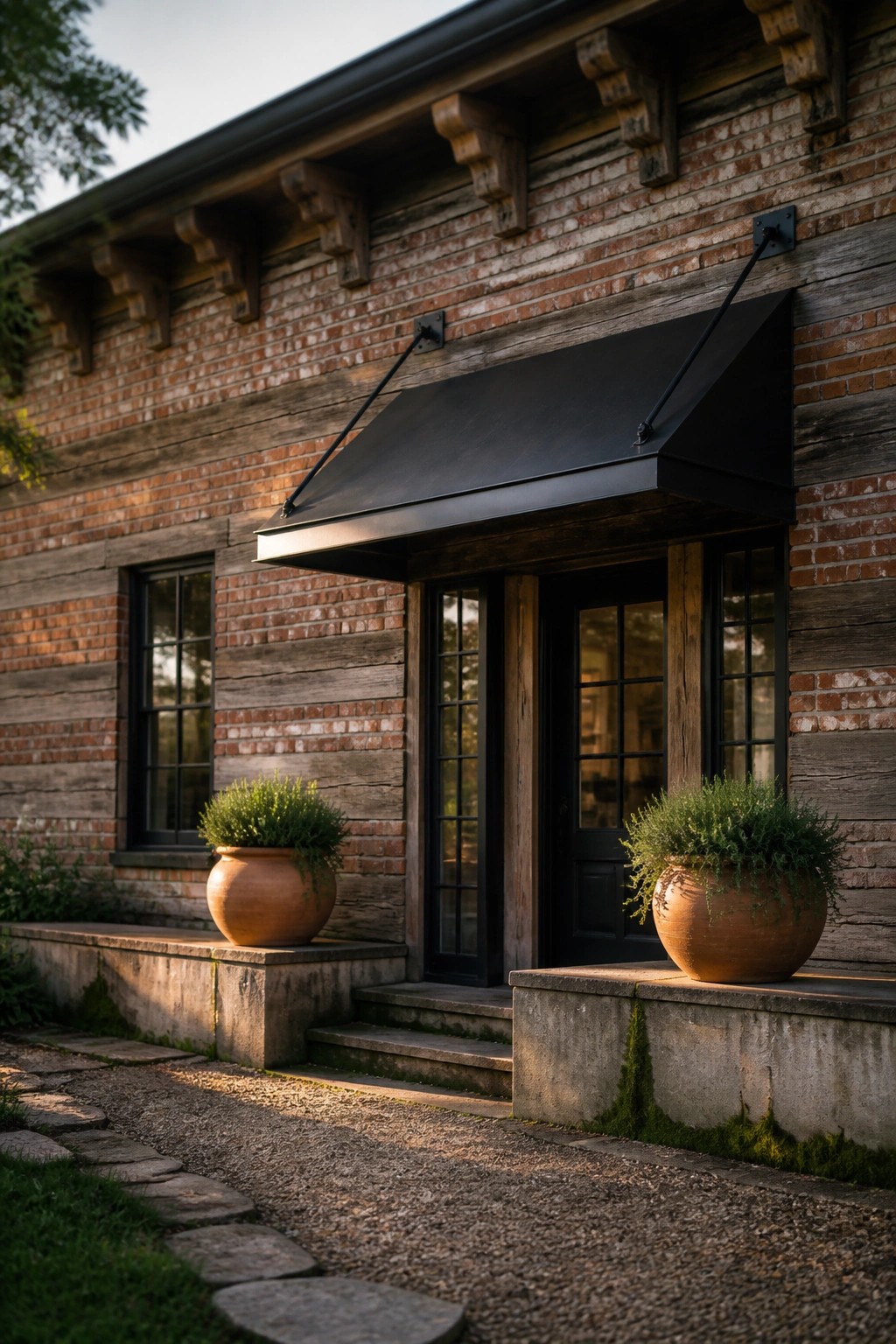 A brick and wood farmhouse exterior with a black metal awning over double doors, two large terracotta pots on concrete steps, and a gravel path leading to the entrance.