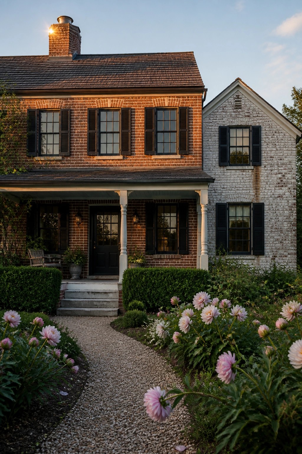 Brick house with porch, dark shutters, gravel path, and blooming pink flowers.