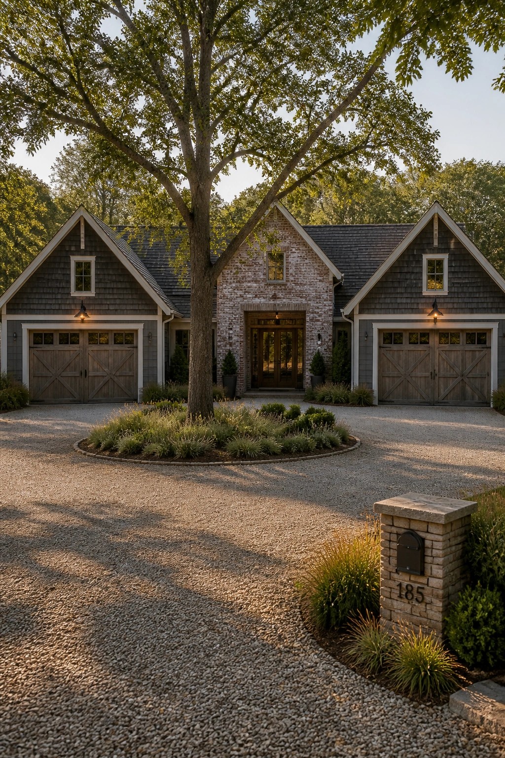 A two-story farmhouse exterior with a central reclaimed brick section around the front door, flanked by gray wood siding and two garage bays on either side, with a large tree in the gravel driveway.