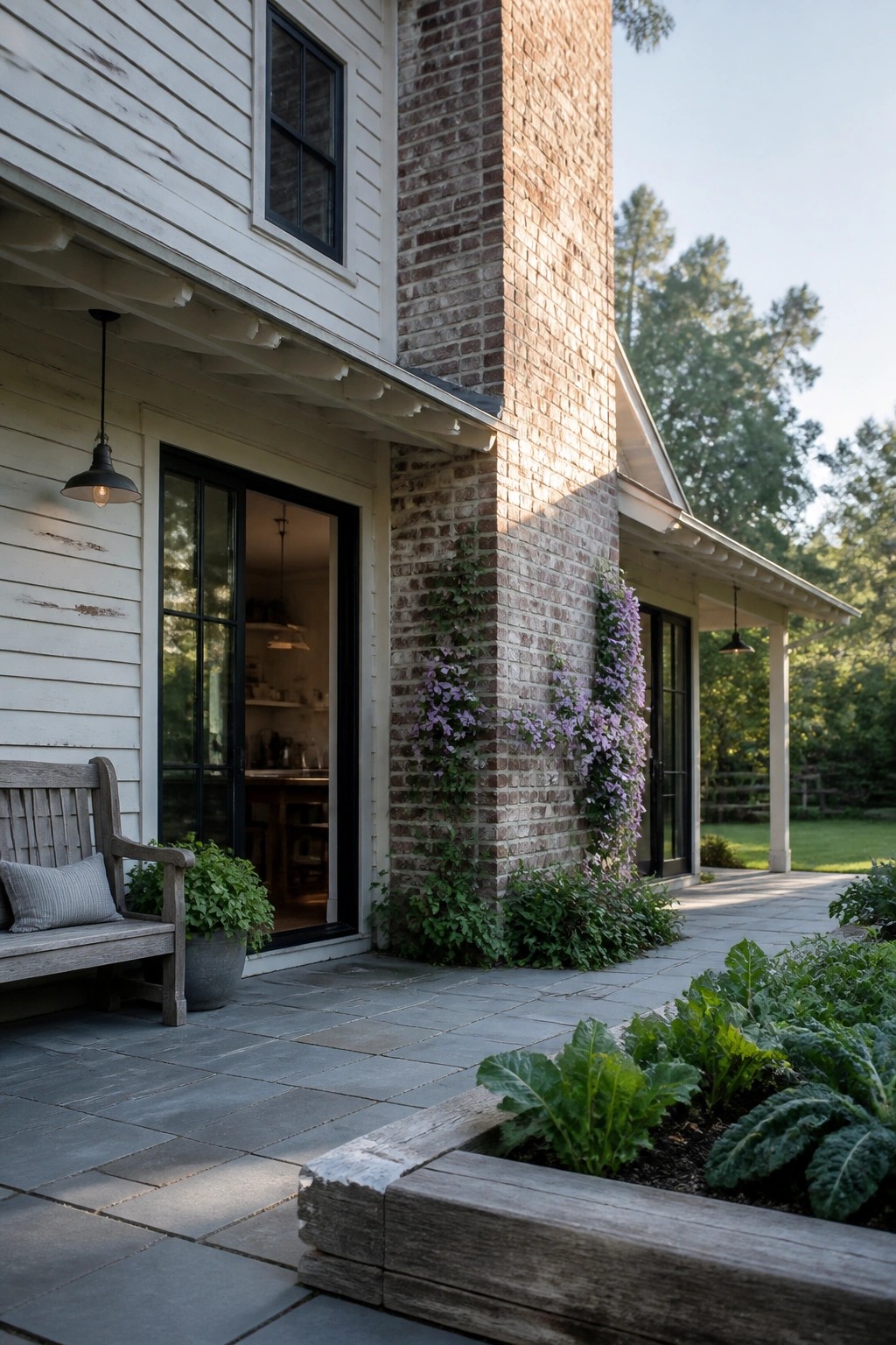 A farmhouse exterior with white wood siding, a tall reclaimed brick chimney covered in climbing vines, black-framed glass doors, a stone patio, and a raised wooden garden bed in the foreground.