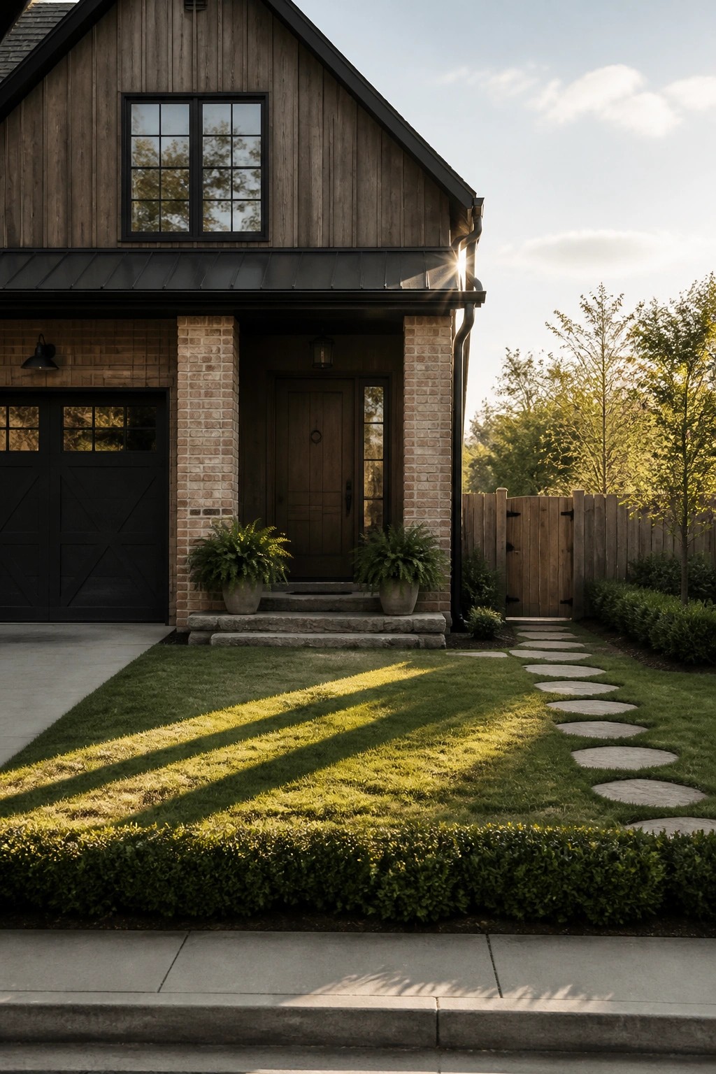 A farmhouse exterior featuring dark wood siding, reclaimed brick columns framing the front door, a black garage door, and a stone pathway across the lawn.