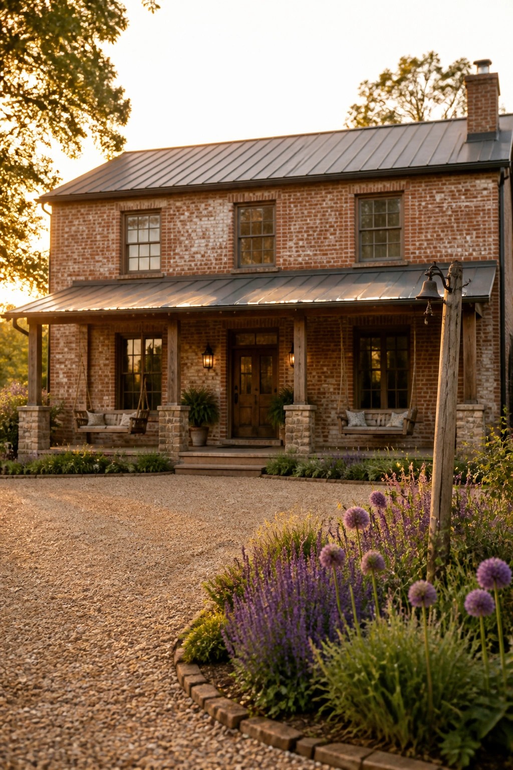 A two-story reclaimed brick farmhouse with a metal roof, front porch, and gravel driveway lined with purple flowers.