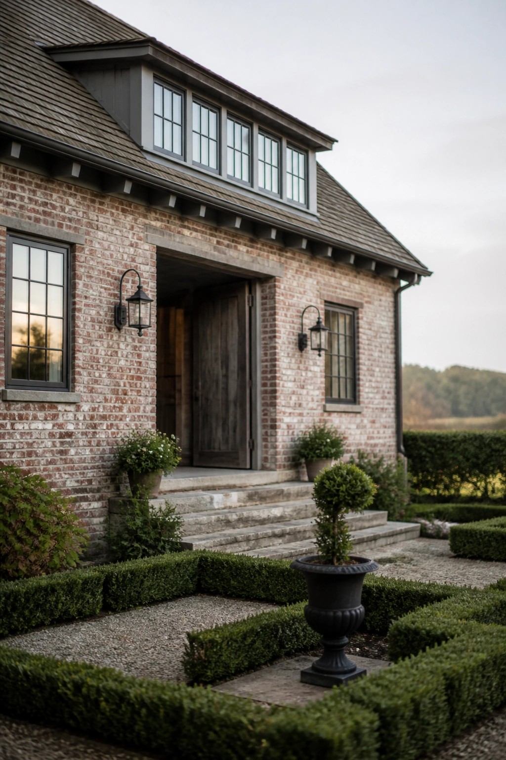 A red brick house with a large wooden double door, multiple windows, stone steps, and a garden with hedges and potted plants in front.