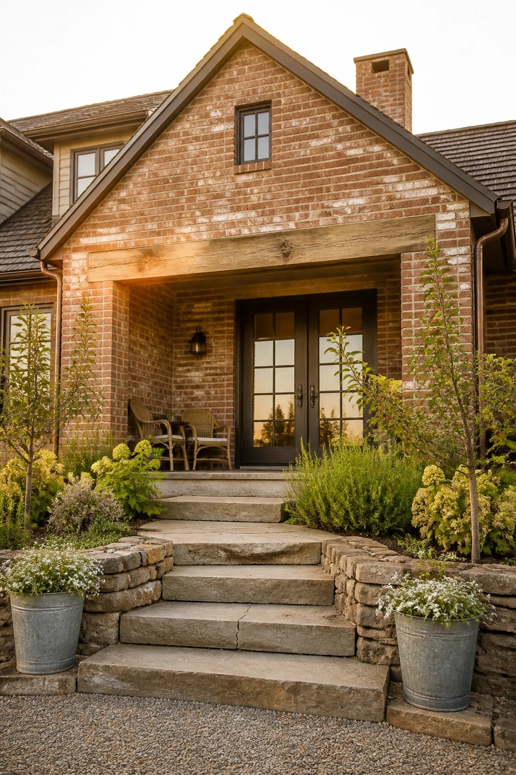 A brick farmhouse exterior with a central gable, wooden beam above black double doors, stone steps, and potted plants on either side.